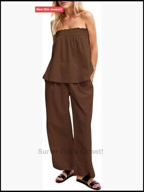 2 Piece Lounge Set Strapless Tube Top Wide Leg Pants Off Shoulder Jumpsuit